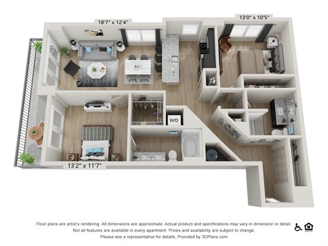 Floor plan for 2 beds, 2 baths, 1219 sqft